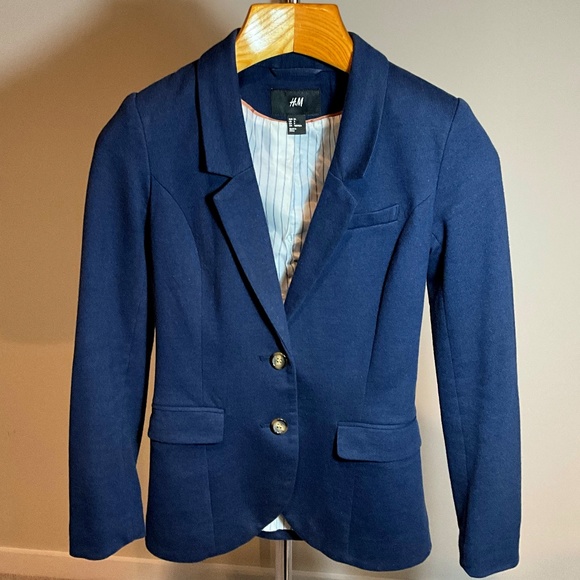 H&M Blue Blazer with Elbow Patches- navy blue- size 4 - Picture 1 of 4